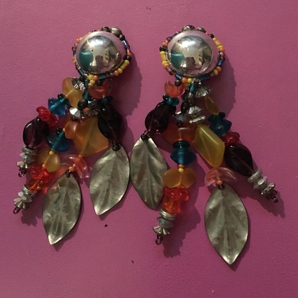 Vintage Beaded Statement Clip-On Earrings Multicolor Boho Silver Leaf Dangles
